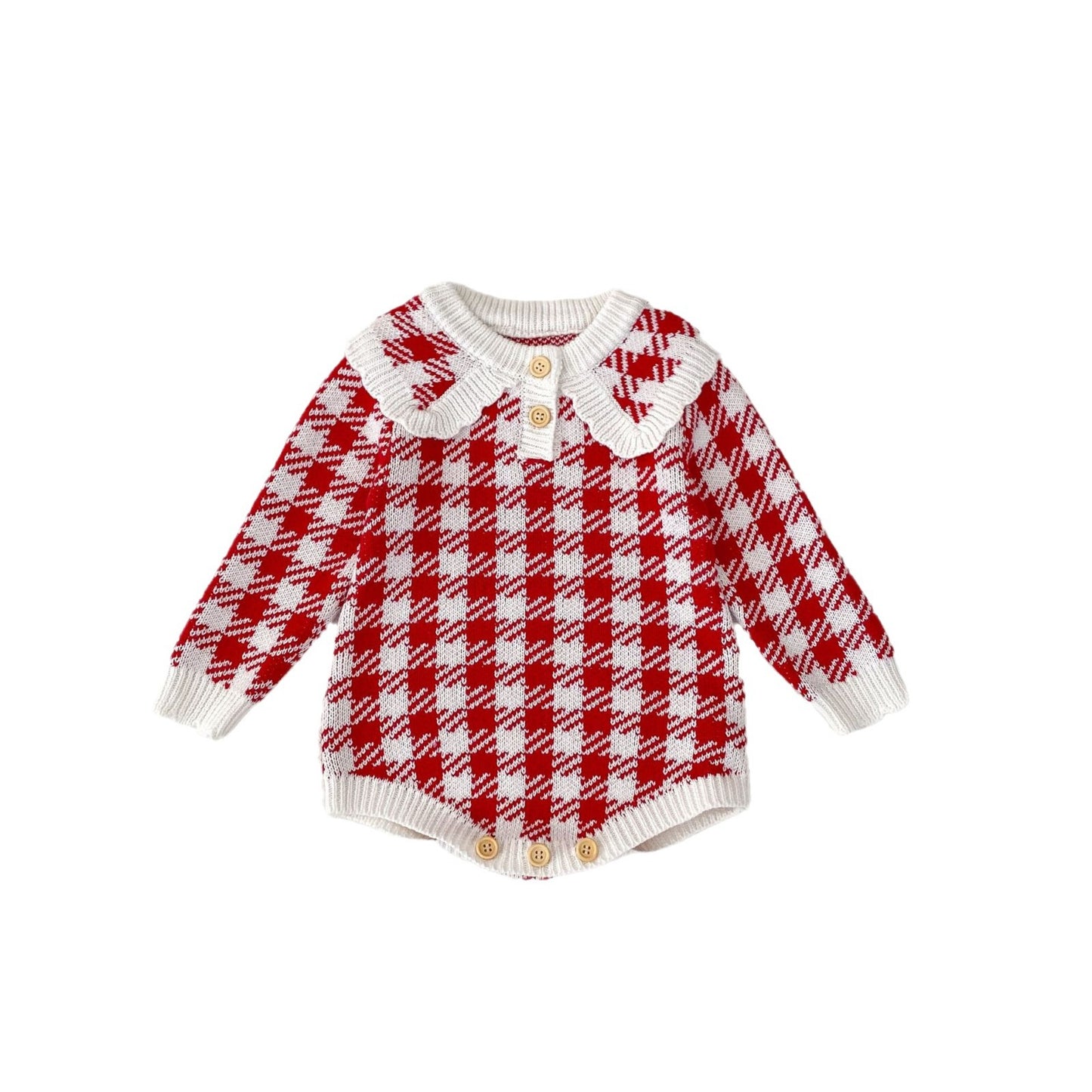 Autumn Baby Girl Red Houndstooth Cotton Yarn Knitted Triangle Rompers