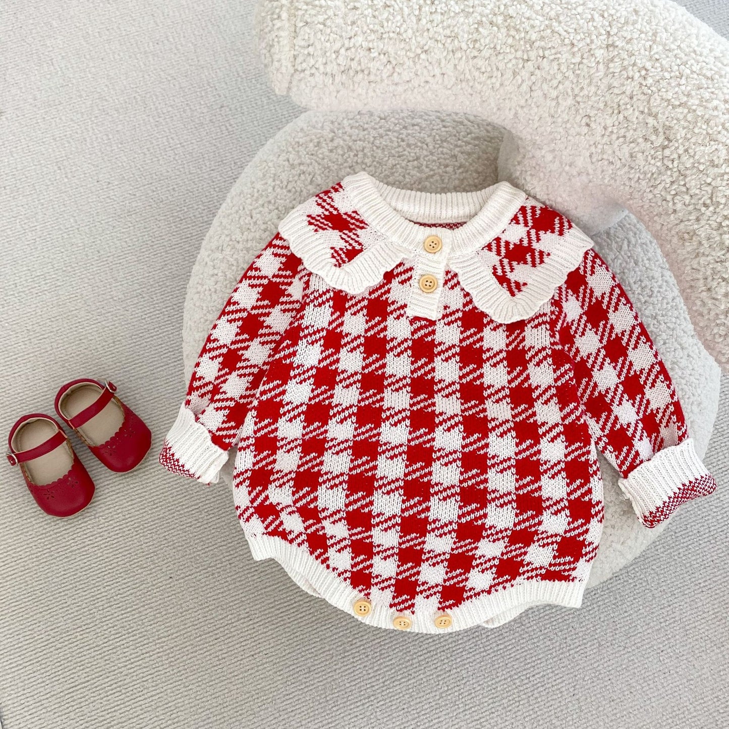 Autumn Baby Girl Red Houndstooth Cotton Yarn Knitted Triangle Rompers