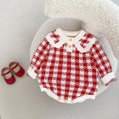 Autumn Baby Girl Red Houndstooth Cotton Yarn Knitted Triangle Rompers