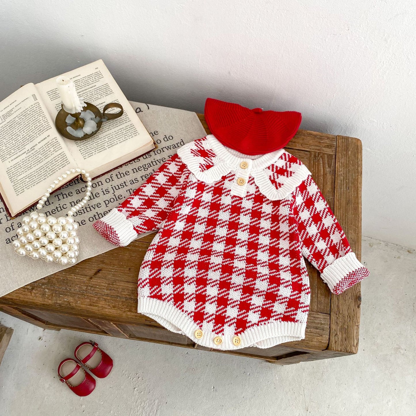 Autumn Baby Girl Red Houndstooth Cotton Yarn Knitted Triangle Rompers