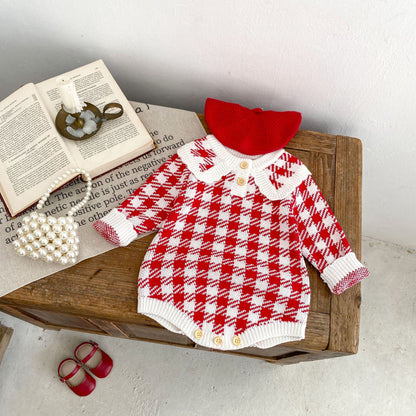 Autumn Baby Girl Red Houndstooth Cotton Yarn Knitted Triangle Rompers