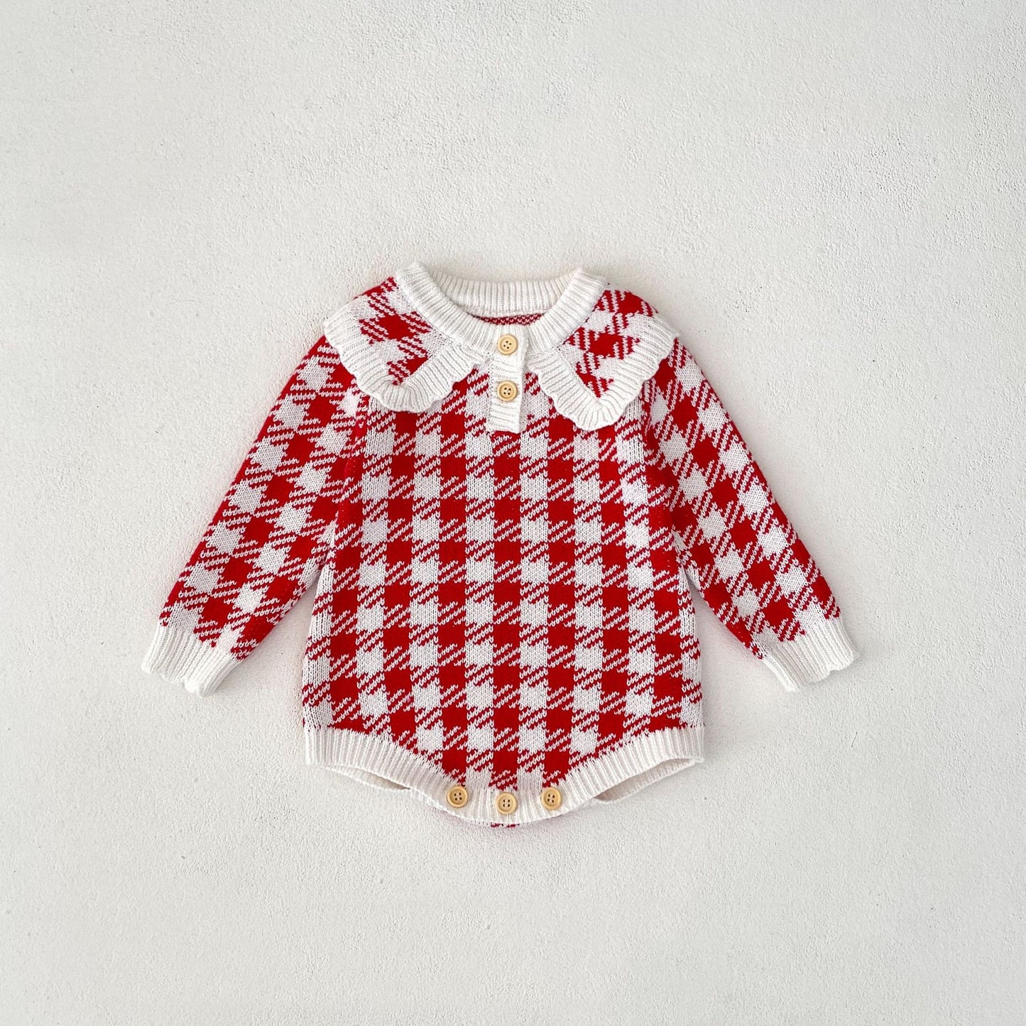 Autumn Baby Girl Red Houndstooth Cotton Yarn Knitted Triangle Rompers