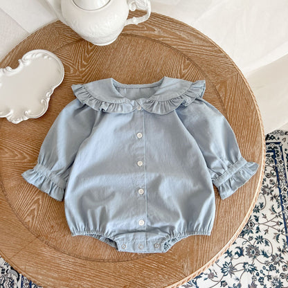 Baby Girl Solid Color Long-sleeve Jumpsuit Lace Doll Collar Onesie