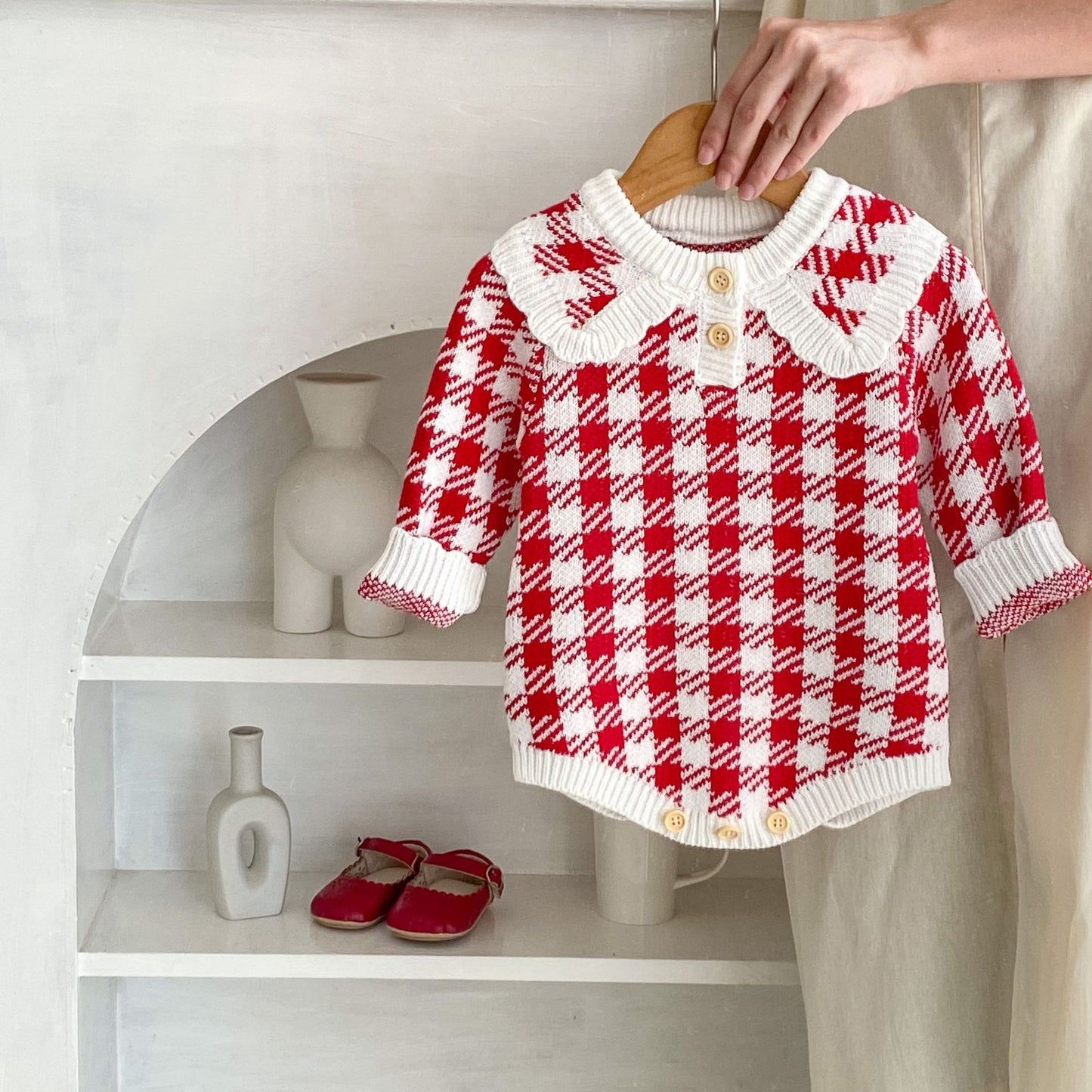 Autumn Baby Girl Red Houndstooth Cotton Yarn Knitted Triangle Rompers