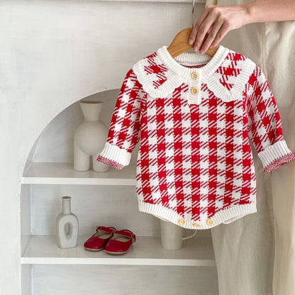 Autumn Baby Girl Red Houndstooth Cotton Yarn Knitted Triangle Rompers