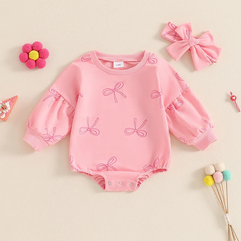 Baby Girl Minimalist Bowknot Printed Long Sleeve Triangle One-piece Romper