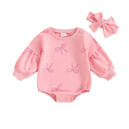Baby Girl Minimalist Bowknot Printed Long Sleeve Triangle One-piece Romper