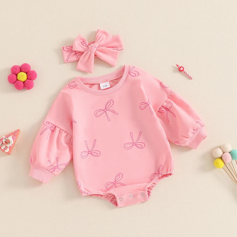 Baby Girl Minimalist Bowknot Printed Long Sleeve Triangle One-piece Romper