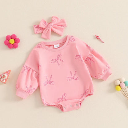 Baby Girl Minimalist Bowknot Printed Long Sleeve Triangle One-piece Romper