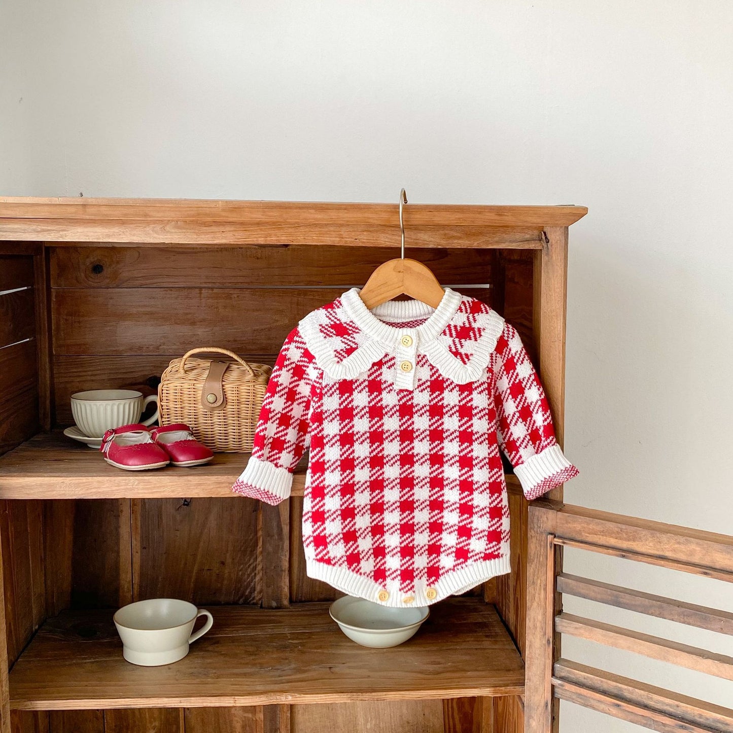 Autumn Baby Girl Red Houndstooth Cotton Yarn Knitted Triangle Rompers